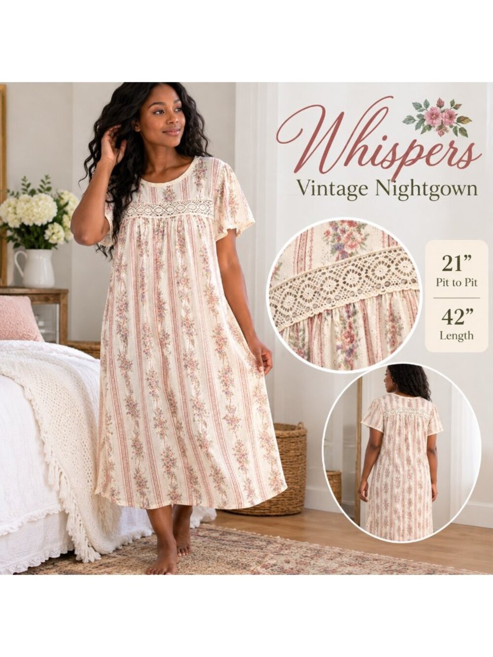 Whispers Floral Lace Trim Nightgown Women’s Large L Cottagecore 42” Length